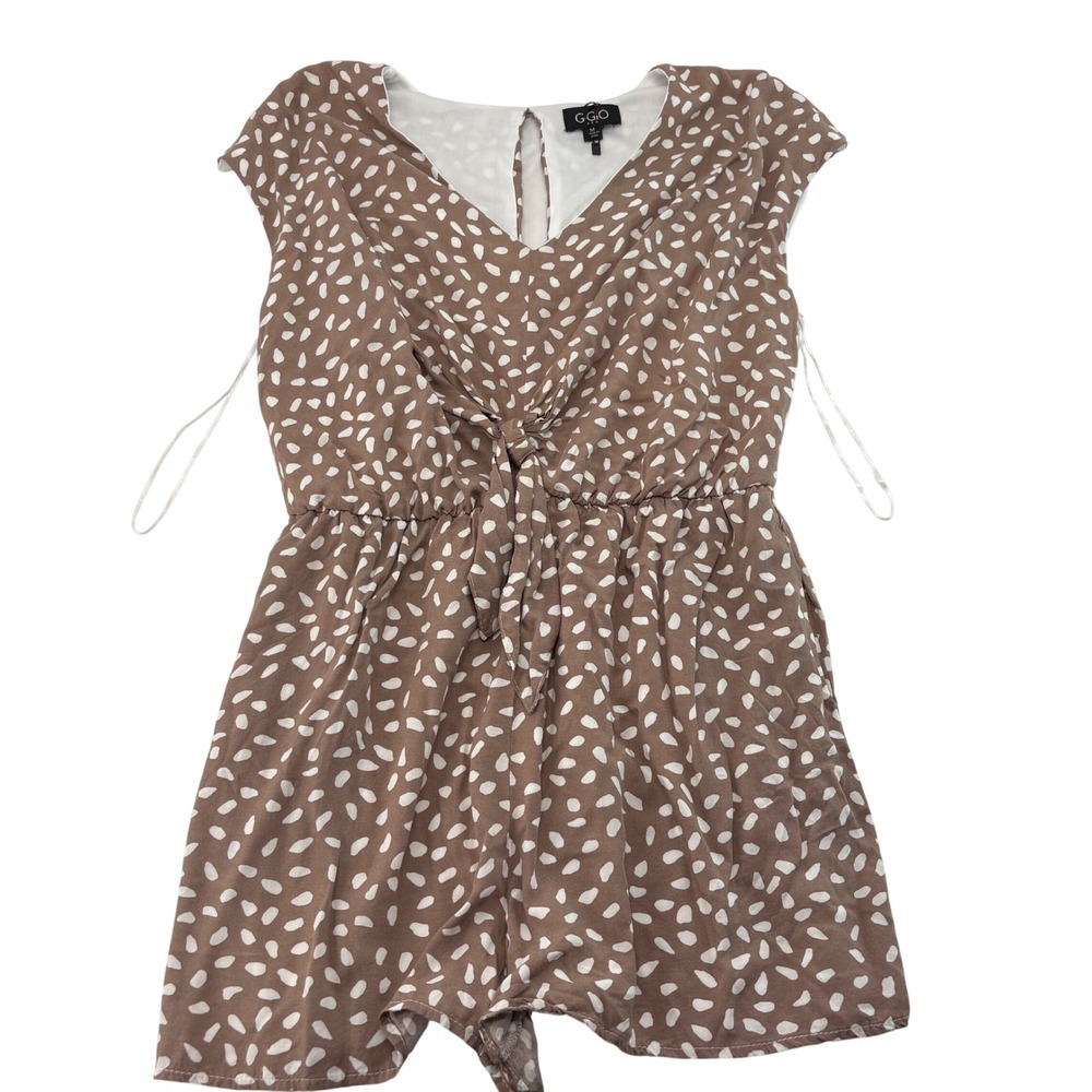 Gigio USA Tan White Abstract Dot V-Neck Front Tie Romper TC1866 Womens M